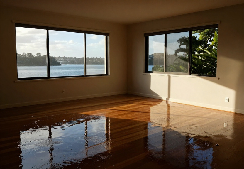 Flooded living room in a Collaroy Beach home with water damage to carpets and walls